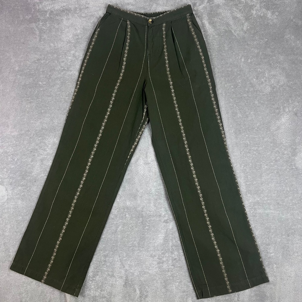 Roark Olive Green Wide-Leg Pinstripe Trousers